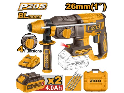 INGCO Akkus kombikalapács 2,5 J SDS-Plus szénkefe nélküli 20 V (2 x 4,0 Ah akku + töltő)