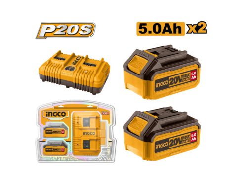 INGCO Akkumulátor és töltő szett 20 V (2 x 5,0 Ah akku + 8,0 A dupla töltő)