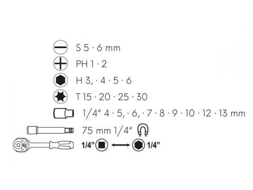 Bithegy és dugókulcs készlet 23 részes 1/4" mágneses CrV