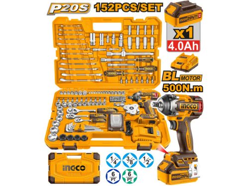 INGCO Akkus ütvecsavarozó 500 Nm szénk. nélk. 20 V (1 x 4,0 Ah akku + töltő) + 149 r. szersz. klt